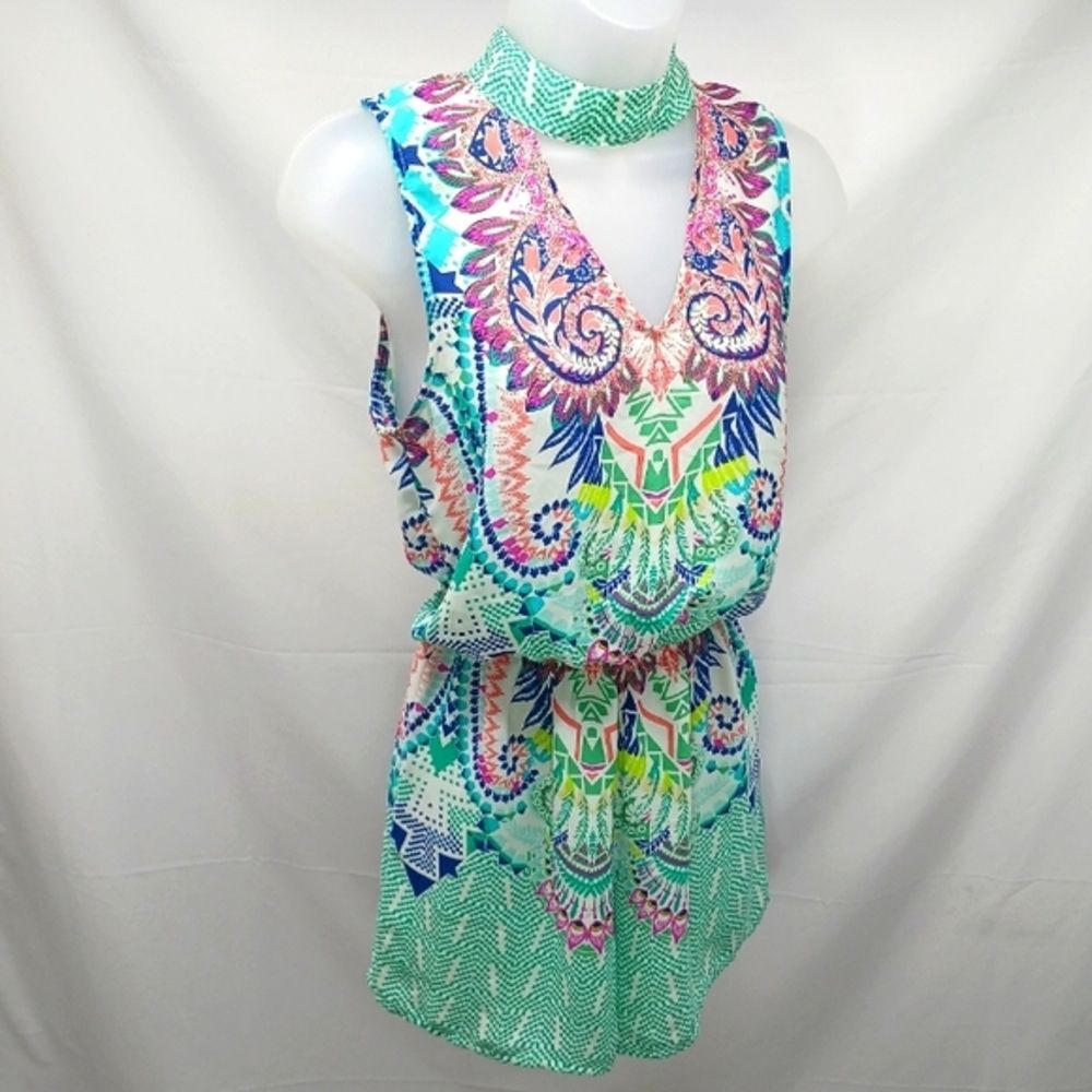 City Triangles Colorful Sleeveless Sheer Choker Romper Beach Cover Womans Small.
